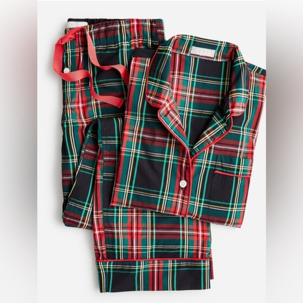 J. Crew Long-sleeve cotton poplin pajama set in black Stewart tartan
